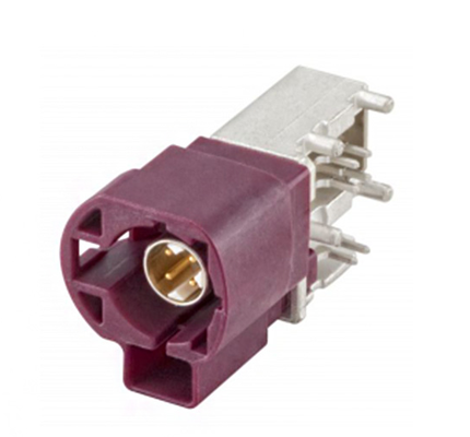 センターピンはんだ付けおよび銅スリーブ圧着仕様のFAKRAオスコネクタ、99S20D-40MA5-BX ライトアングルプラグ（PCB用）、赤。